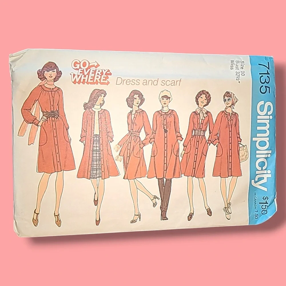 Vintage Simplicity‎ 7135 Dress Sewing Pattern Uncut FF Size 10 Scarf